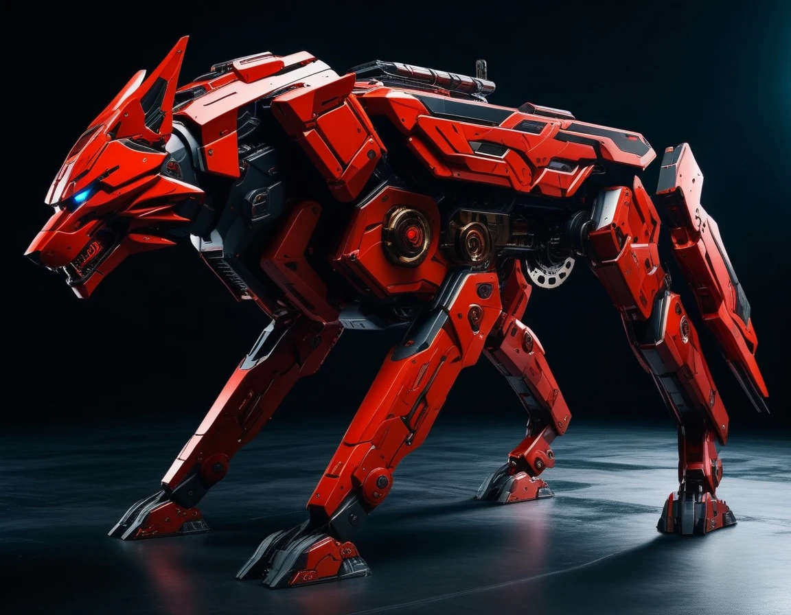 ((Masterpiece)), ((Best Quality)), (Very Detailed), ((Very Detailed)), 4K, (8K), very aesthetic, absurdres highres, Red Mecha Wolf, A red mecha wolf with advanced high-tech armor, characterized by sharp lines and rugged edges. Details: The mecha wolf's armor is composed of red metallic plates with glowing crimson accents. The eyes are dark red, adding a menacing and commanding presence. The design incorporates complex mechanical components, giving it a futuristic and cyberpunk appearance. The white background and dramatic lighting enhance the depth and three-dimensionality of the image.
