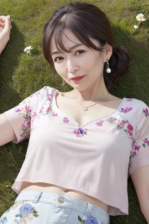 Beautiful mature 55 year old Japanese woman, Married women, Fine Lines, Long eyelashes, Shining Eyes, Low Ponytail, Red lipstick, eye shadow, Earrings, elegant, Gorgeous figure, Pearl Necklace, Summer clothes, Low-cut blouse, Floral print slit skirt, whole body, lying on the green grass, Sleep on your back, , (Highest quality,4K,8K,High resolution,masterpiece:1.2),Very detailed,(Realistic,photoRealistic,photo-Realistic:1.37),High resolution,超High resolution,Studio Lighting,Ultra-fine painting,Sharp focus,Physically Based Rendering,Very detailed説明,Professional,Vibrant colors,Bokeh,Portraiture