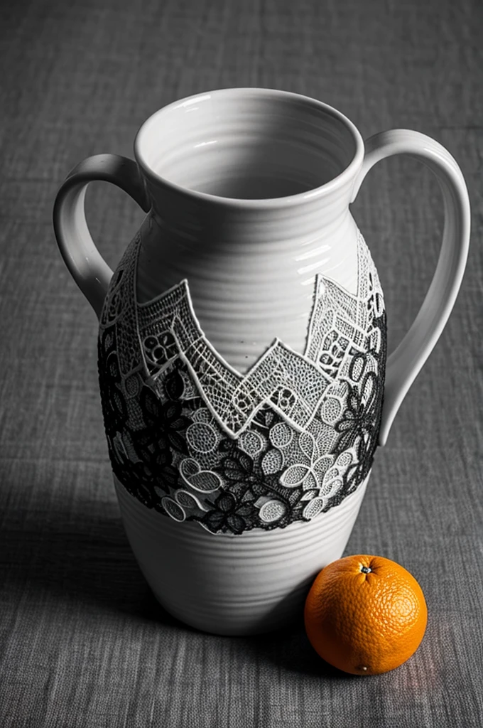 Lace of a jug, a cup and an orange; in grayscale; and make it look handmade