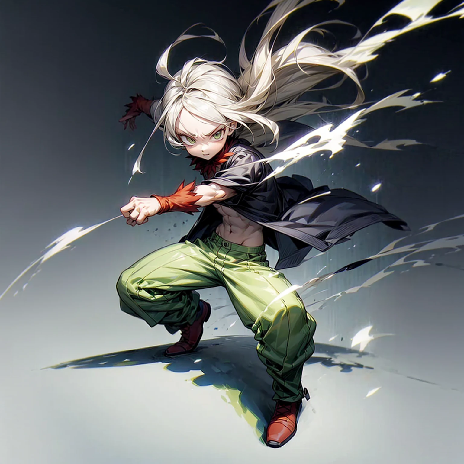 1little boy, Full body version, 1character, green eyes color, milk skin, long hairstyle, gray colour hair, muscle, minimalisty style clothing, red pegged pants, boots, Grassroots background in field snow, motion blur, (one piece style art), smoke, shadow, battle gesture, lighting fire,