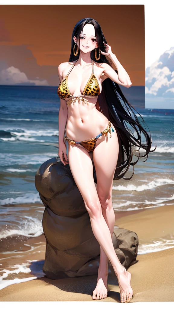 Highest quality:1.2, Anime works, Very detailed, High detail, digital coloring, High Contrast, masterpiece:1.2, Highest quality, Best aesthetics), (((Boa Hancock, 1 Girl))), Black Hair, Straight Long Hair, , Red eyes, Earrings, Leopard print bikini、Swimwear、Grin, smile, The pose is random、sunny、crowded beach、Splash、blue sea、Entering the sea、Bright lighting、顔にSplashがかかる、Large Breasts、Close your right eye、Full body shot