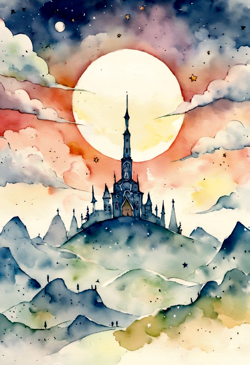 Simple landscape painting,Ancient wind,Around eleven o'clock in the evening,Clouds,sunset , themoon,naive,Hand drawn watercolor,Star blue