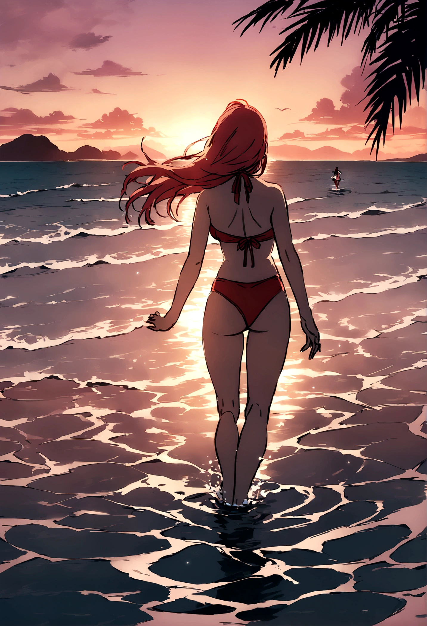 Running away, Chainsaw Man character, on the beach during a sunset. She wears an elegant red swimsuit, with a design that highlights your figure. He is standing near the shore, with the water caressing your feet, and a serene but authoritative expression on his face. Her long red hair waves lightly in the sea breeze.. The background shows an ocean reflecting the gold and pink tones of the sky at sunset, with some palm trees and an island in the distance