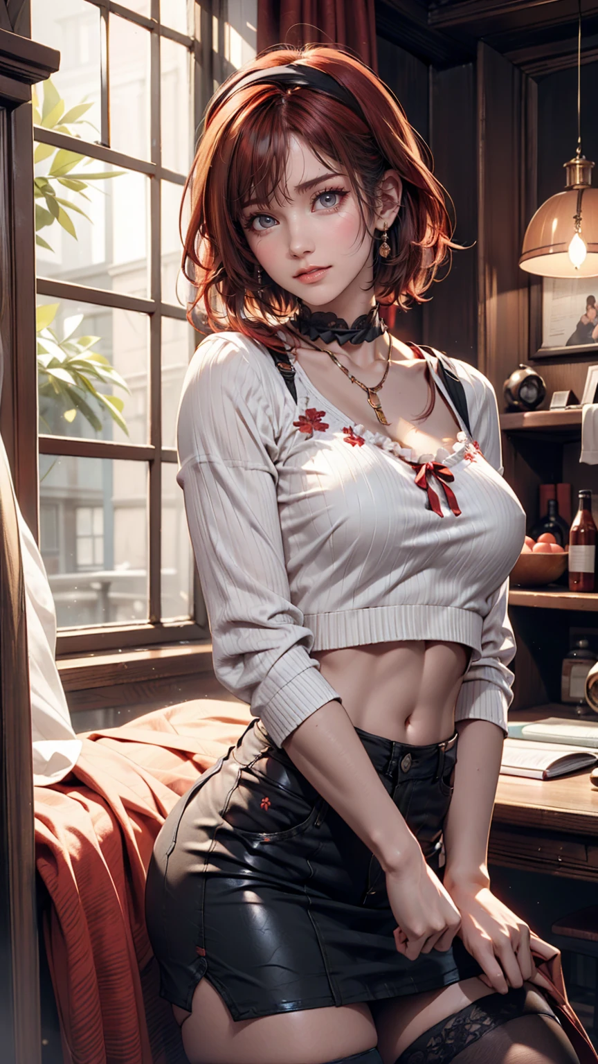 24-year-old female、Sexy proportions、Sexy、Narrow waist、Red hair、Pixie Cut、hair band、Wear a high-necked top decorated with frills、No sleeve、Wear a miniskirt、Wear high socks、smile、Choker
