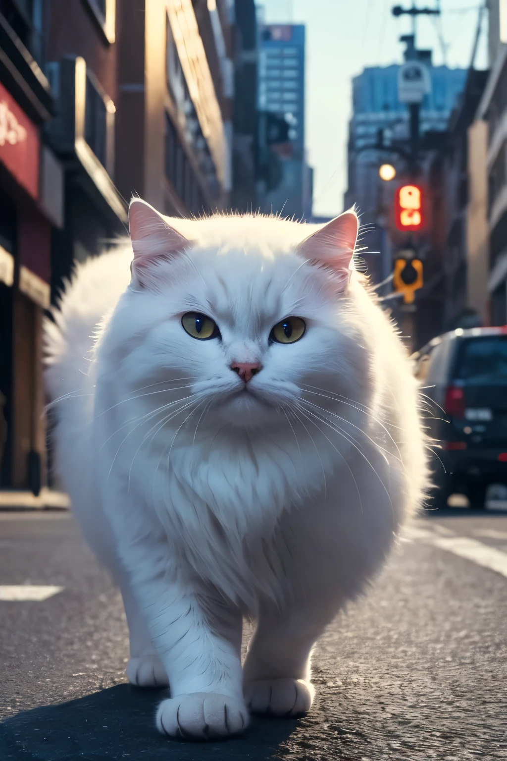 Highest quality,masterpiece,Ultra-high resolution,(photoRealistic:1.4),4K,In detail, cute, No humans, Realistic, animal focus, Beard, animal, fluffy, alone, Cat, White fur,full_body,,A touch like Ghibli、Big and plump。The background is walking through the city at night、His eyes are twice as big as blue and he has an anxious look on his face. He&#39;s tired and sleeping on a park bench.