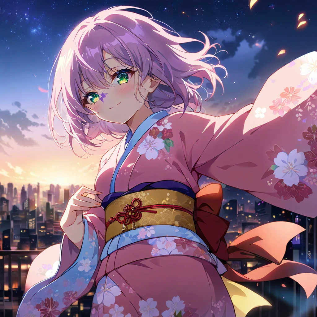 1girl,(japanese clothes, pink kimono, floral print,  kimono,  print kimono,  sash, wide sleeves, obi),morning lit background,(RAW photo, best quality), (anime style:1.4), masterpiece, an extremely delicate and beautiful, extremely detailed, 2k wallpaper, Amazing, finely detail, extremely detailed CG unity 8k wallpaper, ultra-detailed, highres, soft light, beautiful detailed girl, extremely detailed eyes and face, beautiful detailed nose, beautiful detailed eyes,cinematic lighting,city lights at night,starry sky,perfect anatomy,slender body,light smile,lavender-colored hair,green eyes,