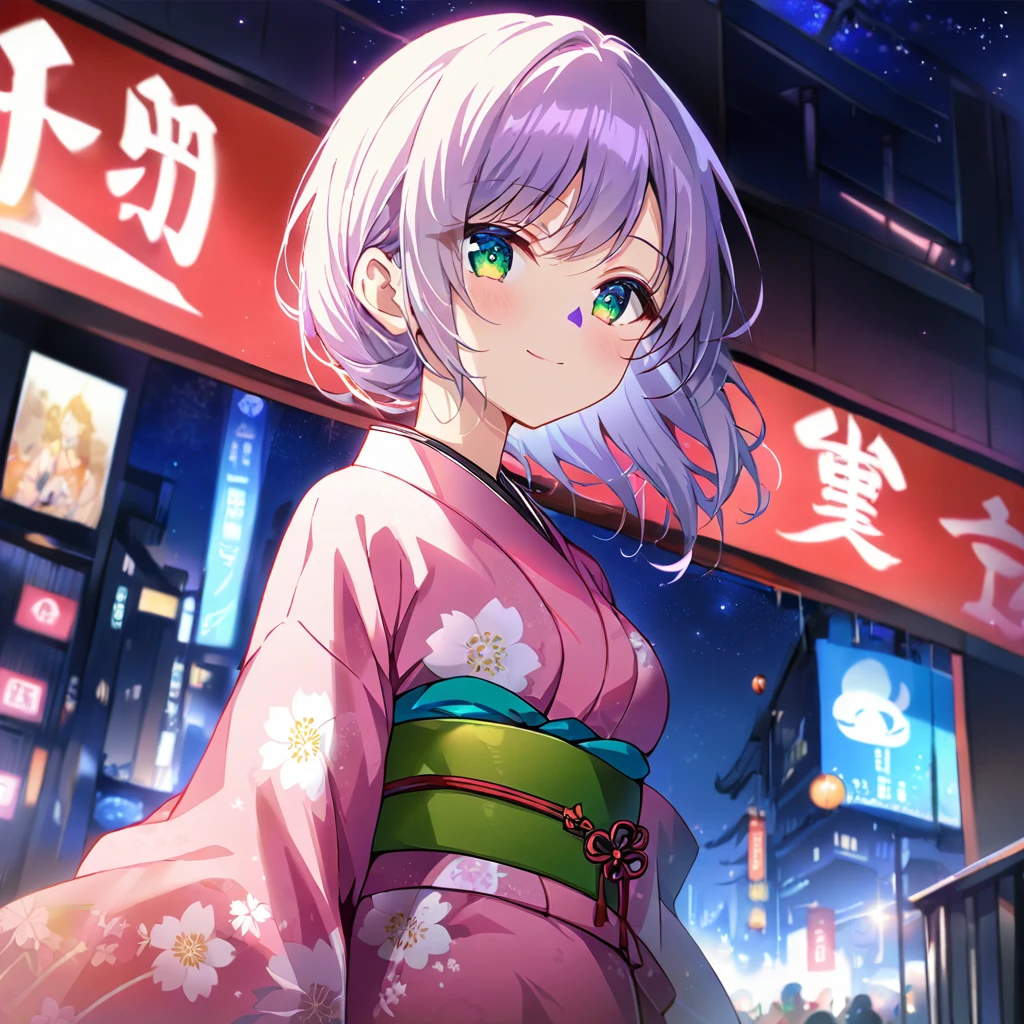 1girl,(japanese clothes, pink kimono, floral print,  kimono,  print kimono,  sash, wide sleeves, obi),morning lit background,(RAW photo, best quality), (anime style:1.4), masterpiece, an extremely delicate and beautiful, extremely detailed, 2k wallpaper, Amazing, finely detail, extremely detailed CG unity 8k wallpaper, ultra-detailed, highres, soft light, beautiful detailed girl, extremely detailed eyes and face, beautiful detailed nose, beautiful detailed eyes,cinematic lighting,city lights at night,starry sky,perfect anatomy,slender body,light smile,lavender-colored hair,green eyes,