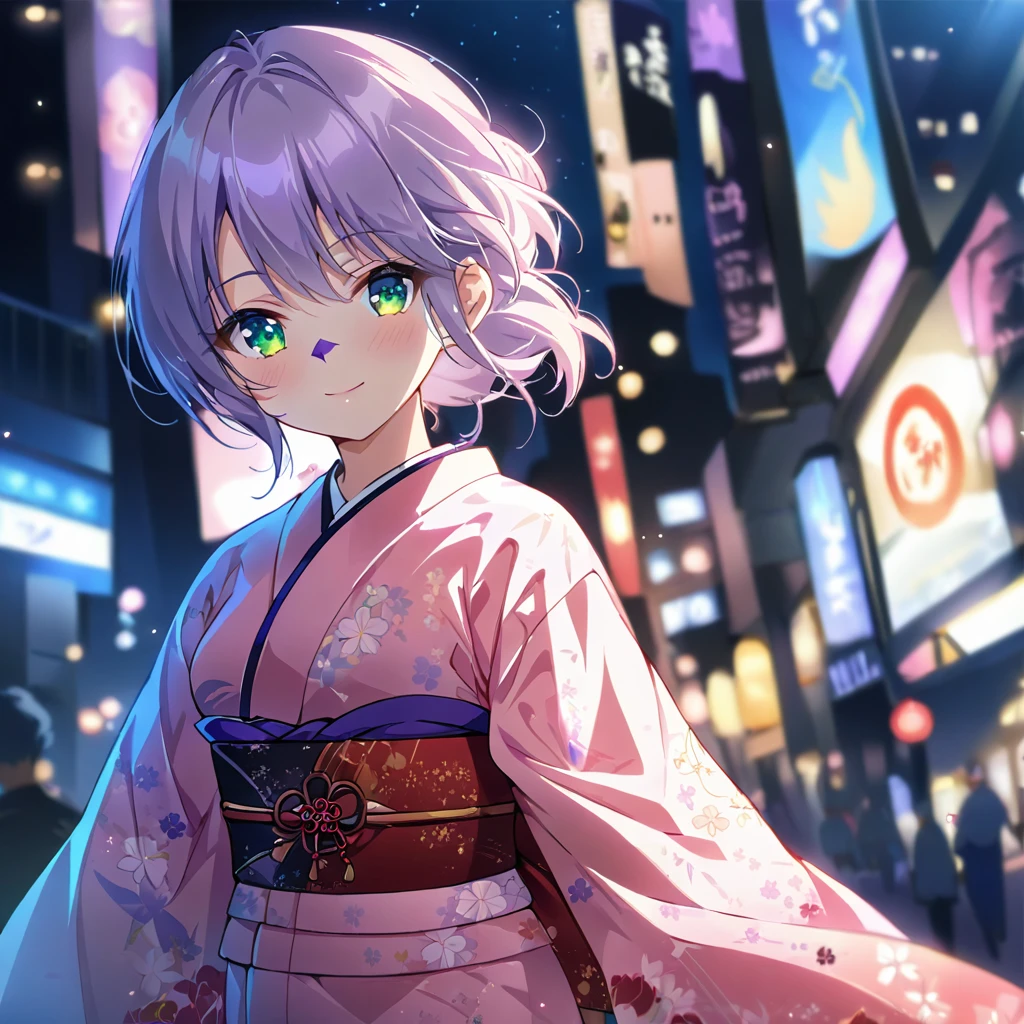 1girl,(japanese clothes, pink kimono, floral print,  kimono,  print kimono,  sash, wide sleeves, obi),morning lit background,(RAW photo, best quality), (anime style:1.4), masterpiece, an extremely delicate and beautiful, extremely detailed, 2k wallpaper, Amazing, finely detail, extremely detailed CG unity 8k wallpaper, ultra-detailed, highres, soft light, beautiful detailed girl, extremely detailed eyes and face, beautiful detailed nose, beautiful detailed eyes,cinematic lighting,city lights at night,starry sky,perfect anatomy,slender body,light smile,lavender-colored hair,green eyes,