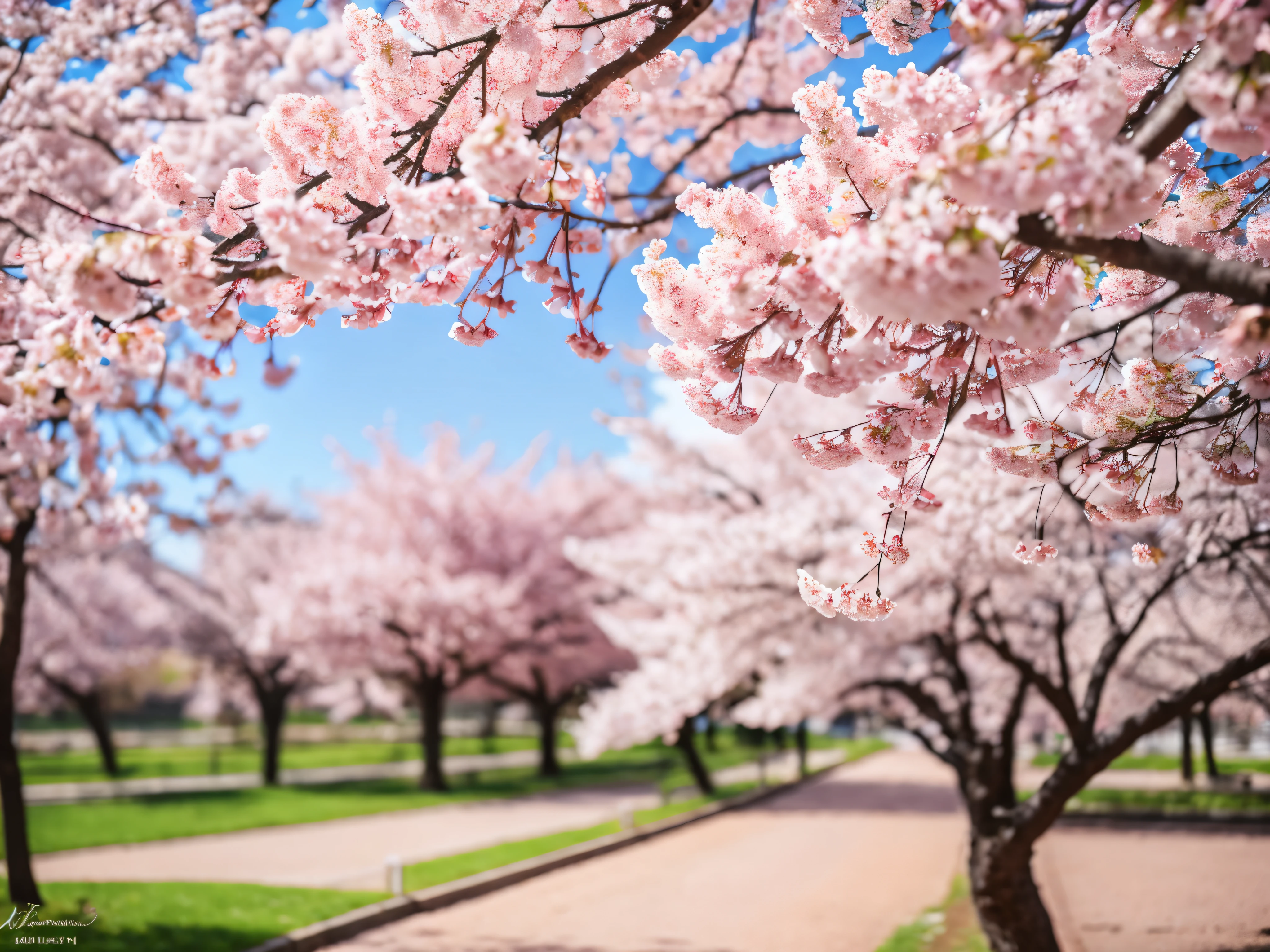 a pink cherry blossom tree in full bloom, beautiful spring scenery, delicate petals, sunlight filtering through the branches, lush green foliage, serene and peaceful atmosphere, soft focus, vibrant colors, highly detailed, photorealistic, 8K