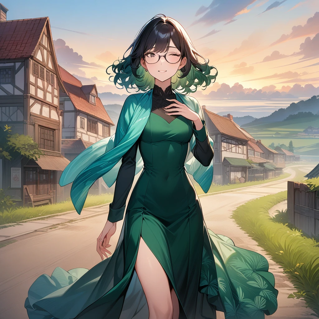(masterpiece),(best quality),(ultra-detailed),(super-fine illustration),nsfw,1girl,25yo,slender,tall,medium hair,black hair,natural wave hair,flipped hair,straw hat with leaf color ribbon,black eyes,enjoyable,happy,relaxing,walking,traveling,Humming a tune,glasses,aqua blue rucksack slung over shoulder, (main piece is a form-fitting dark green elegant flared dress with gradient tropical pattern,with flaring gently,long sleeves),a silk shawl,country town scene,road leads to horizon,grassy field,cowboy shot,sideways glance
