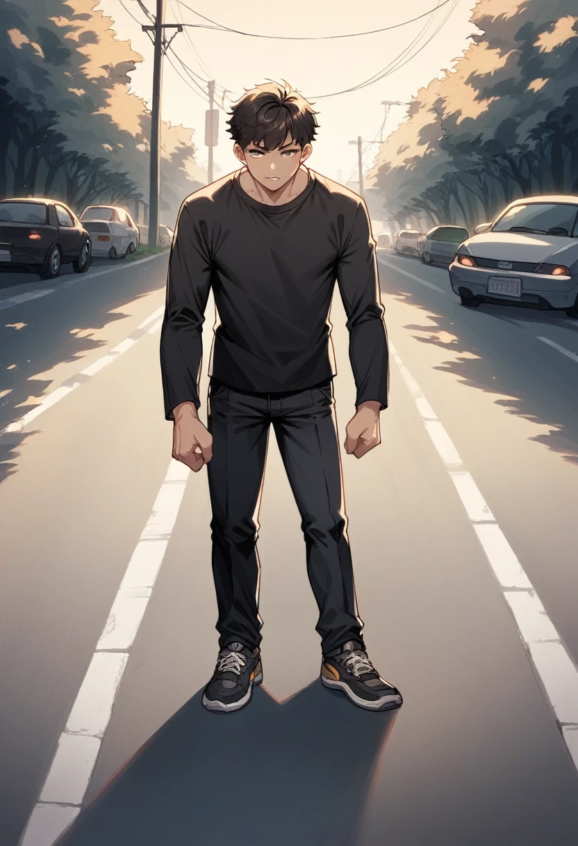 Night photo, fogy,road,a boy 20 years old,hight 5.8 ,cool pose,black shirt black pants Balck shoes,high resolution photo 