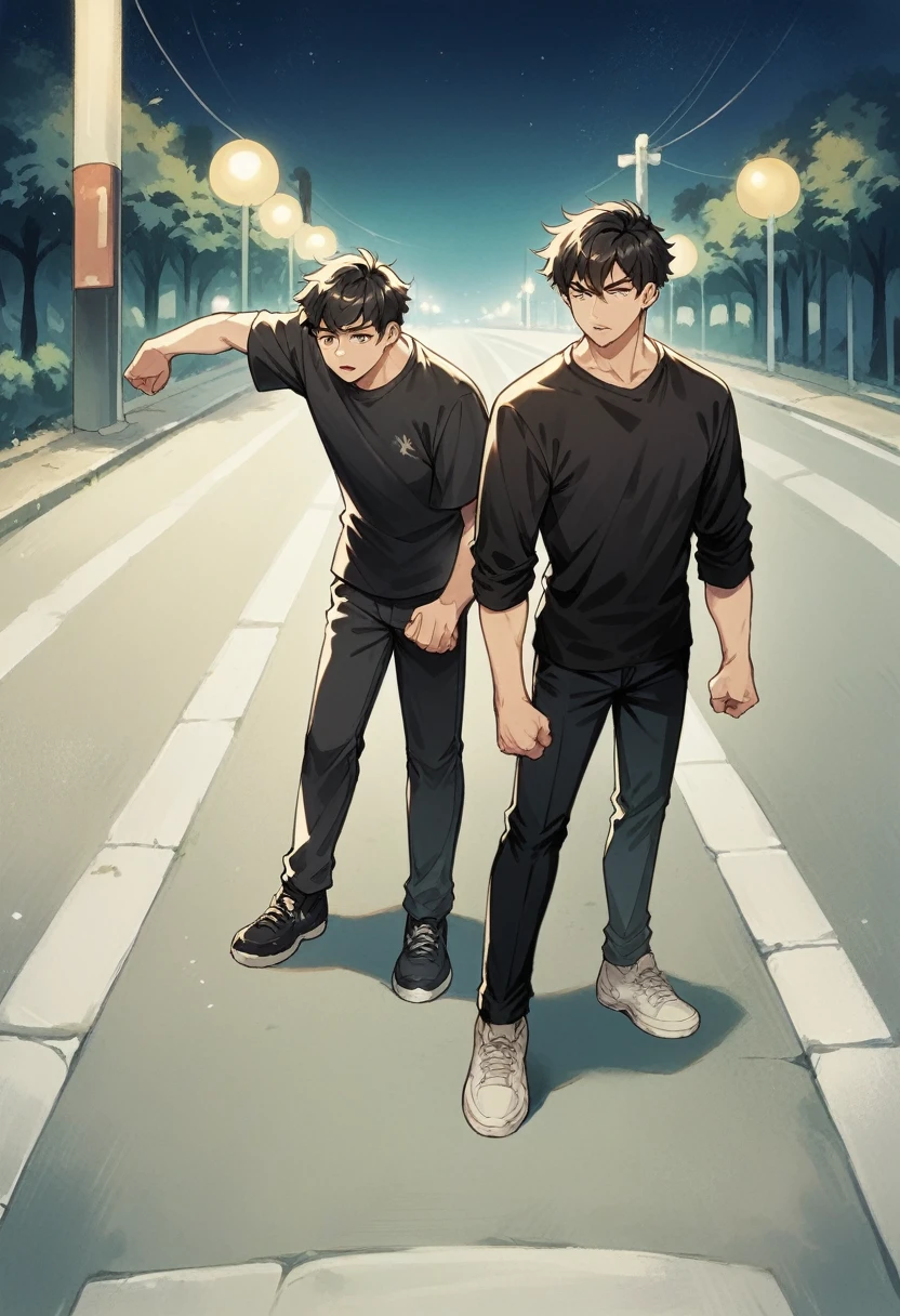 Night photo, fogy,road,a boy 20 years old,hight 5.8 ,cool pose,black shirt black pants Balck shoes,high resolution photo