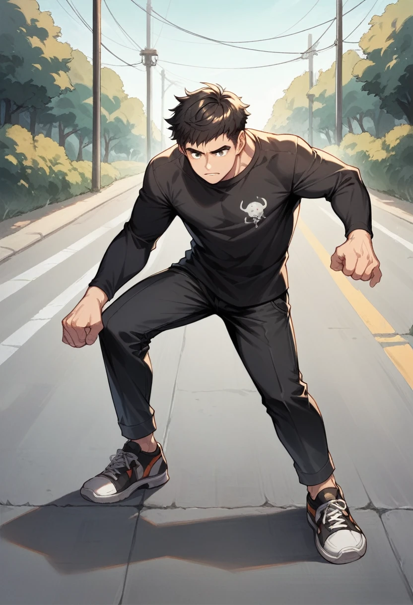 Night photo, fogy,road,a boy 20 years old,hight 5.8 ,cool pose,black shirt black pants Balck shoes,high resolution photo