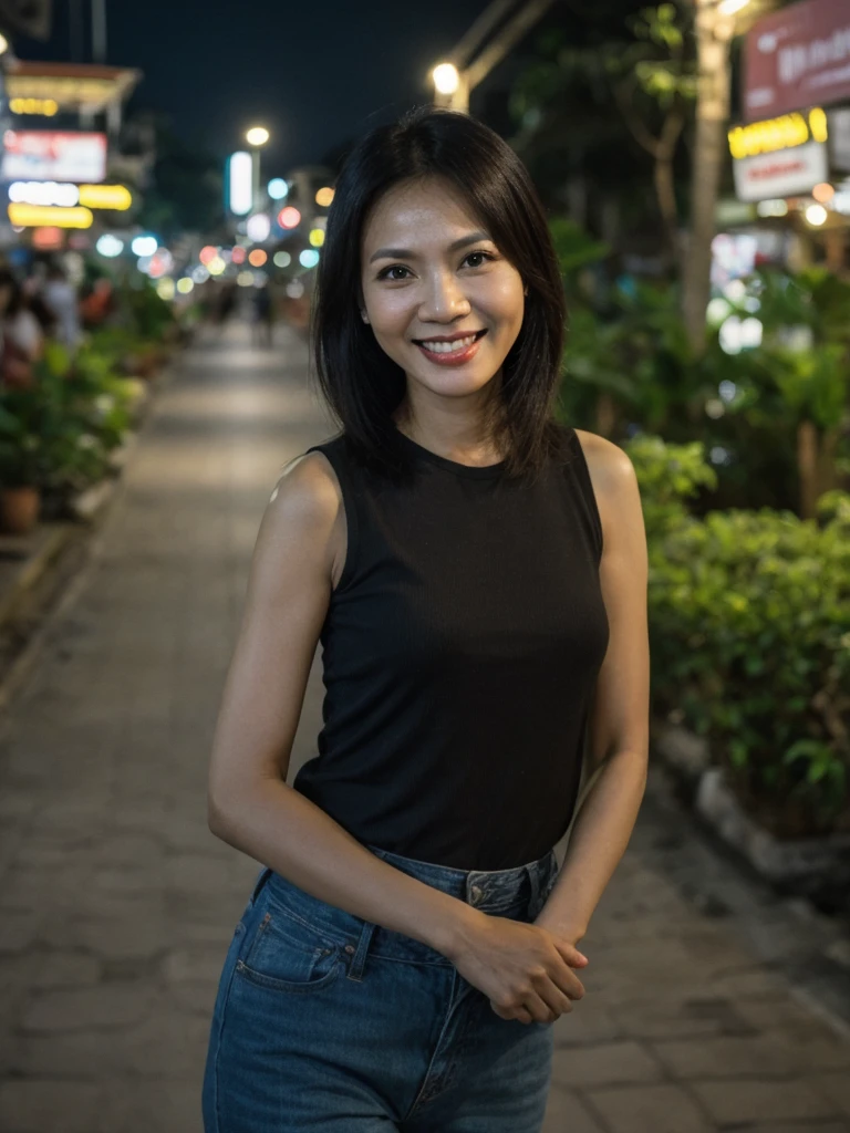Jasmine, 1girl, solo, realistic, photorealistic, high quality picture, 8k, high resolution, detailed quality, film grain, natural photo, ultrarealistic, (((40-years-old))), ((detailed wrinkles in her face)), FILIPINA, (Background: Thailand), (((SLIM))), ((THIN)), (Slender) ((Jet-black hair)), Light smile, fully clothed, Pose: Standing, ((Walking along Thailand)), Night time, full shot