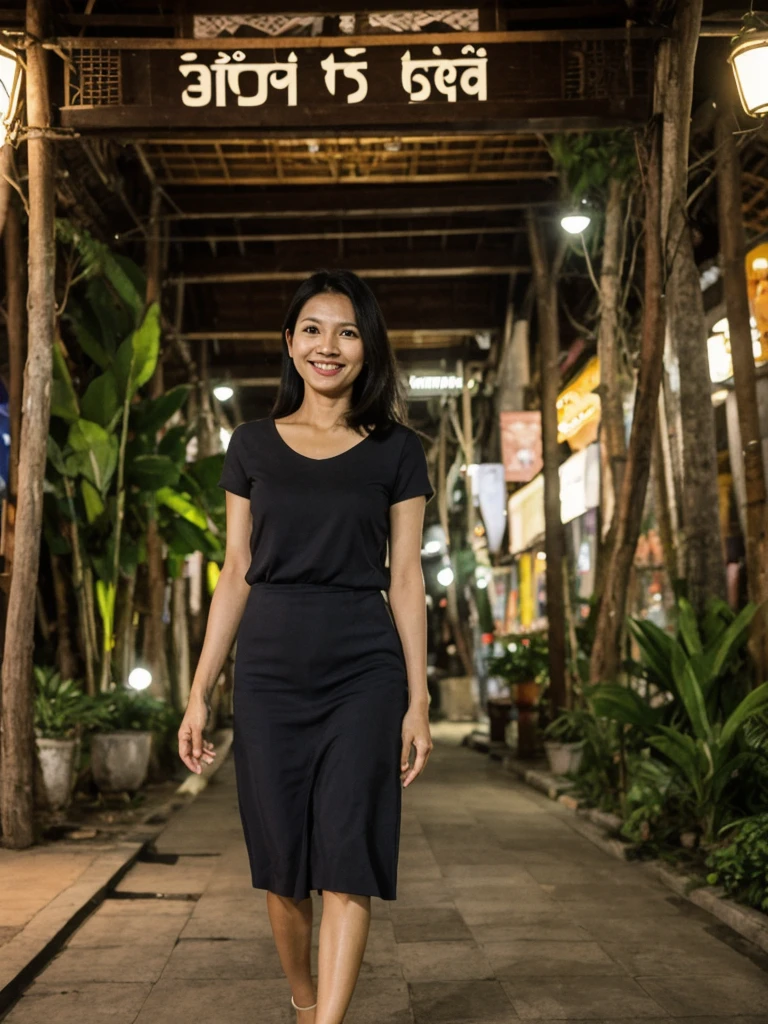 Jasmine, 1girl, solo, realistic, photorealistic, high quality picture, 8k, high resolution, detailed quality, film grain, natural photo, ultrarealistic, (((40-years-old))), ((detailed wrinkles in her face)), FILIPINA, (Background: Thailand), (((SLIM))), ((THIN)), (Slender) ((Jet-black hair)), Light smile, fully clothed, Pose: Standing, ((Walking along Thailand)), Night time, full shot