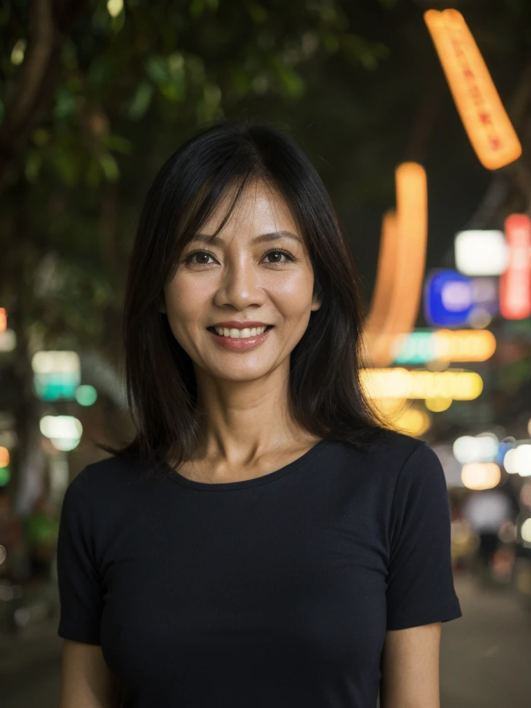 Jasmine, 1girl, solo, realistic, photorealistic, high quality picture, 8k, high resolution, detailed quality, film grain, natural photo, ultrarealistic, (((40-years-old))), ((detailed wrinkles in her face)), FILIPINA, (Background: Thailand), (((SLIM))), ((THIN)), (Slender) ((Jet-black hair)), Light smile, fully clothed, Pose: Standing, ((Walking along Thailand)), Night time, full shot