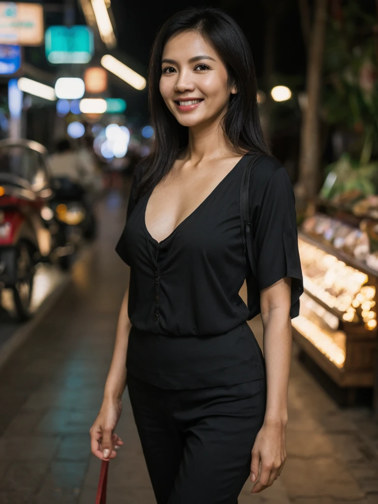 Jasmine, 1girl, solo, realistic, photorealistic, high quality picture, 8k, high resolution, detailed quality, film grain, natural photo, ultrarealistic, (((40-years-old))), ((detailed wrinkles in her face)), FILIPINA, (Background: Thailand), (((SLIM))), ((THIN)), (Slender) ((Jet-black hair)), Light smile, fully clothed, Pose: Standing, ((Walking along Thailand)), Night time, full shot