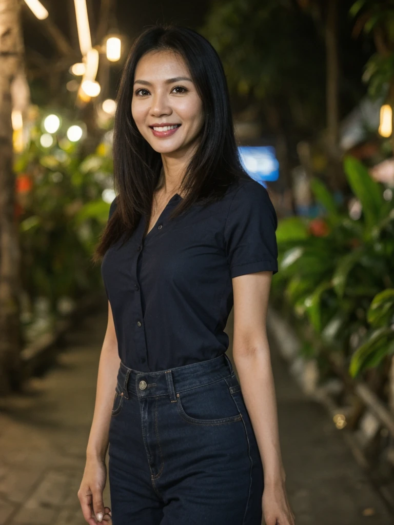 Jasmine, 1girl, solo, realistic, photorealistic, high quality picture, 8k, high resolution, detailed quality, film grain, natural photo, ultrarealistic, (((40-years-old))), ((detailed wrinkles in her face)), FILIPINA, (Background: Thailand), (((SLIM))), ((THIN)), (Slender) ((Jet-black hair)), Light smile, fully clothed, Pose: Standing, ((Walking along Thailand)), Night time, full shot