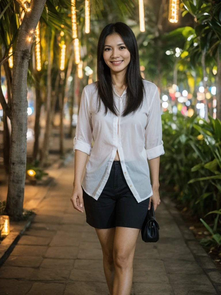 Jasmine, 1girl, solo, realistic, photorealistic, high quality picture, 8k, high resolution, detailed quality, film grain, natural photo, ultrarealistic, (((40-years-old))), ((detailed wrinkles in her face)), FILIPINA, (Background: Thailand), (((SLIM))), ((THIN)), (Slender) ((Jet-black hair)), Light smile, fully clothed, Pose: Standing, ((Walking along Thailand)), Night time, full shot