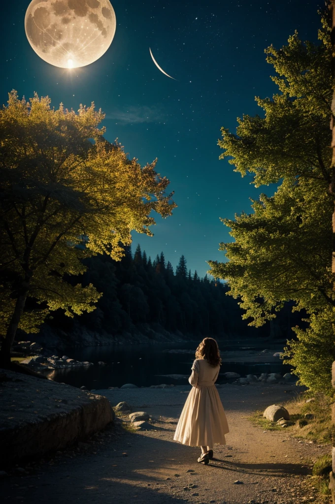Fille étrange sur fond de lune immense à contrejour