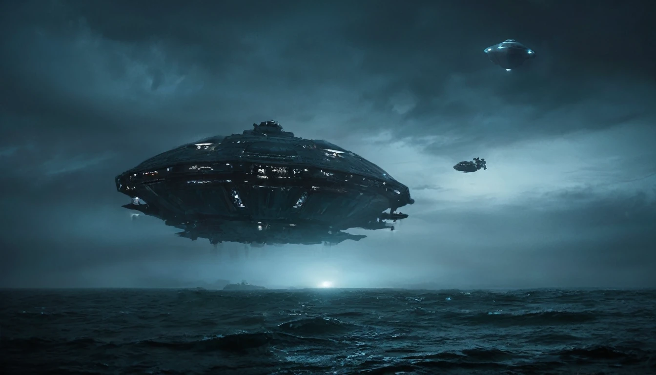 sci-fi aesthetics, a dark and moody realistic cinematic wide shot of ocean alien landscape where water covers the entire surface, teeming with marine life of all shapes and sizes (with a spaceship in the background:1.4), puffy clouds, at dusk, dim lit, foggy, muted colors, hazy, vintage, analog style, science fiction, star citizen cinematic lighting, film grain, imax
