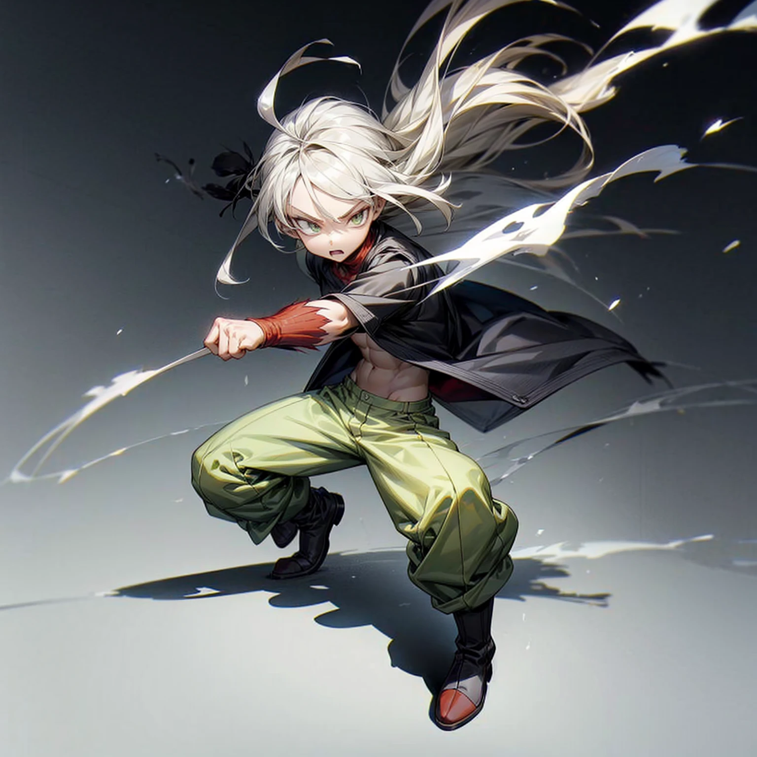1little boy, Full body version, 1character, green eyes color, milk skin, long hairstyle, gray colour hair, muscle, minimalisty style clothing, red pegged pants, boots, Grassroots background in field snow, motion blur, (one piece style art), smoke, shadow, battle gesture, lighting fire,