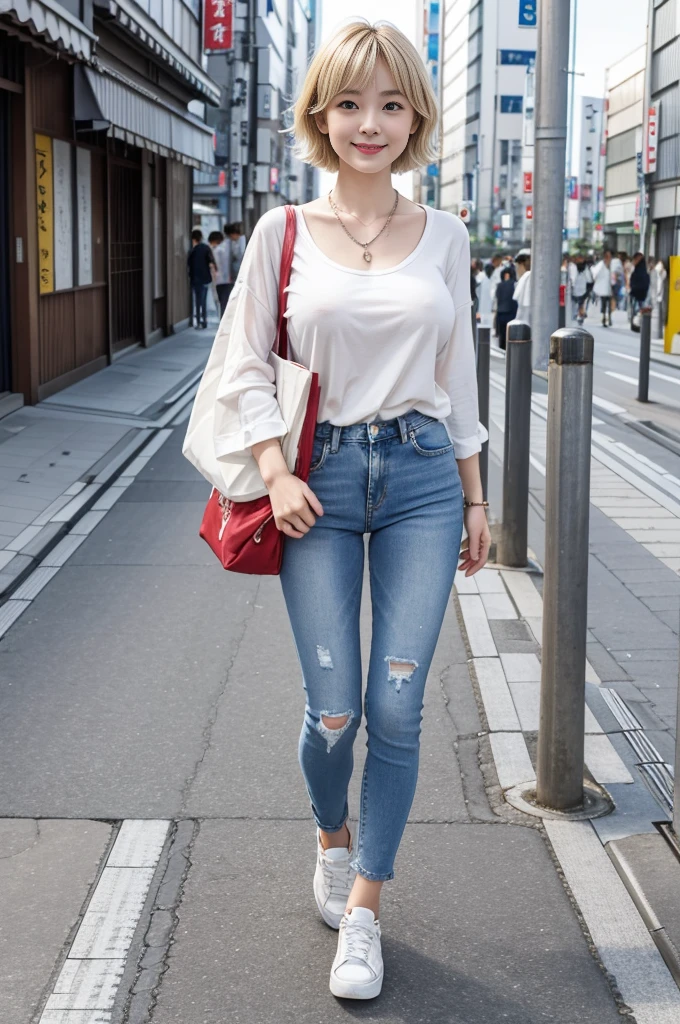 Masterpiece,4K,8K,real,One Woman,Japanese,20-year-old,,Clear eyes and nose,Blonde natural short hair,fine,Active,bright,healthy,nice smile,An innocent smile,Elegant,clear,Slightly droopy eyes,Kind Face,Large Breasts,Charm,Little red lips,Nice style,White oversized shirt,Denim Skinny Jeans,sneakers,tote bag,Simple Necklace,The background is the city of Tokyo