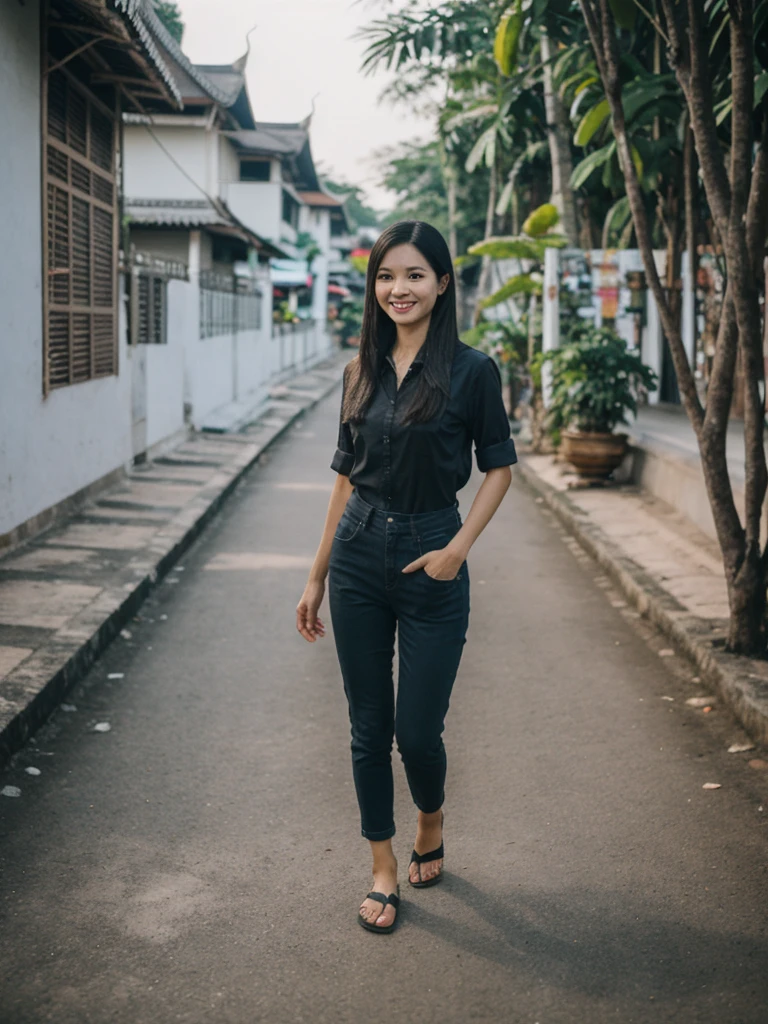 Jasmine, 1girl, solo, realistic, photorealistic, high quality picture, 8k, high resolution, detailed quality, film grain, natural photo, ultrarealistic, (((25-years-old))), ((detailed wrinkles in her face)), FILIPINA, (Background: Thailand), (((SLIM))), ((THIN)), (Slender) ((Jet-black hair)), Light smile, fully clothed, Pose: Standing, ((Walking along Thailand)), Night time, full shot