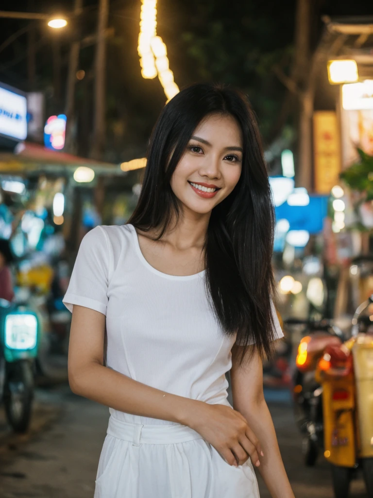 Jasmine, 1girl, solo, realistic, photorealistic, high quality picture, 8k, high resolution, detailed quality, film grain, natural photo, ultrarealistic, (((25-years-old))), ((detailed wrinkles in her face)), FILIPINA, (Background: Thailand), (((SLIM))), ((THIN)), (Slender) ((Jet-black hair)), Light smile, fully clothed, Pose: Standing, ((Walking along Thailand)), Night time, full shot