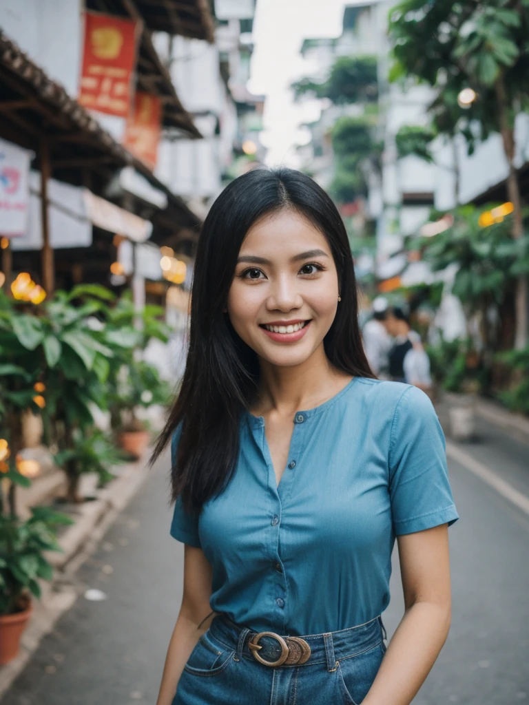 Jasmine, 1girl, solo, realistic, photorealistic, high quality picture, 8k, high resolution, detailed quality, film grain, natural photo, ultrarealistic, (((25-years-old))), ((detailed wrinkles in her face)), FILIPINA, (Background: Thailand), (((SLIM))), ((THIN)), (Slender) ((Jet-black hair)), Light smile, fully clothed, Pose: Standing, ((Walking along Thailand)), Night time, full shot