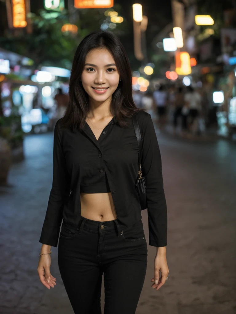 Jasmine, 1girl, solo, realistic, photorealistic, high quality picture, 8k, high resolution, detailed quality, film grain, natural photo, ultrarealistic, (((25-years-old))), ((detailed wrinkles in her face)), FILIPINA, (Background: Thailand), (((SLIM))), ((THIN)), (Slender) ((Jet-black hair)), Light smile, fully clothed, Pose: Standing, ((Walking along Thailand)), Night time, full shot