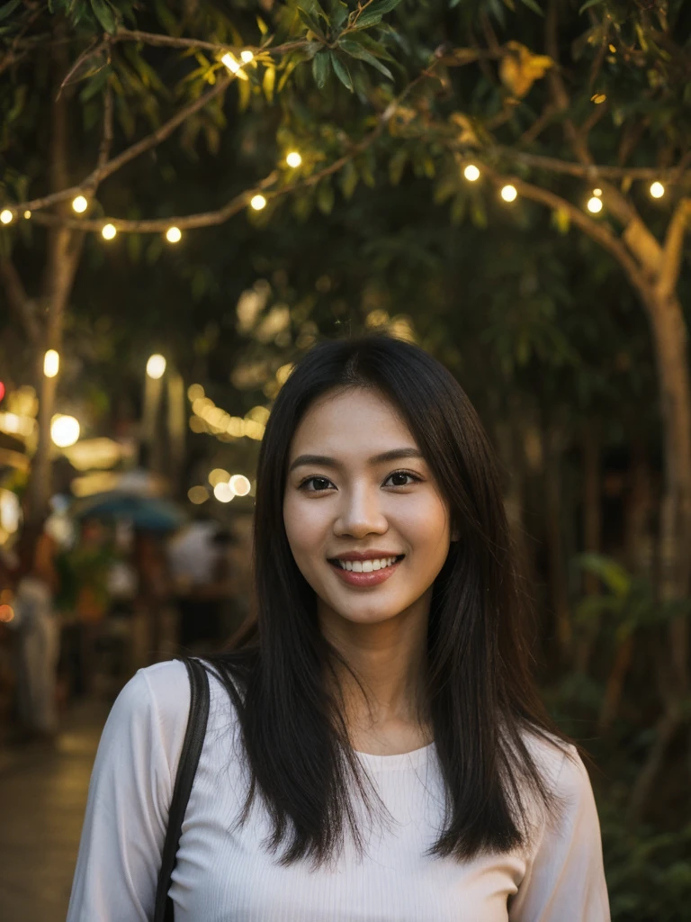 Jasmine, 1girl, solo, realistic, photorealistic, high quality picture, 8k, high resolution, detailed quality, film grain, natural photo, ultrarealistic, (((25-years-old))), ((detailed wrinkles in her face)), FILIPINA, (Background: Thailand), (((SLIM))), ((THIN)), (Slender) ((Jet-black hair)), Light smile, fully clothed, Pose: Standing, ((Walking along Thailand)), Night time, full shot
