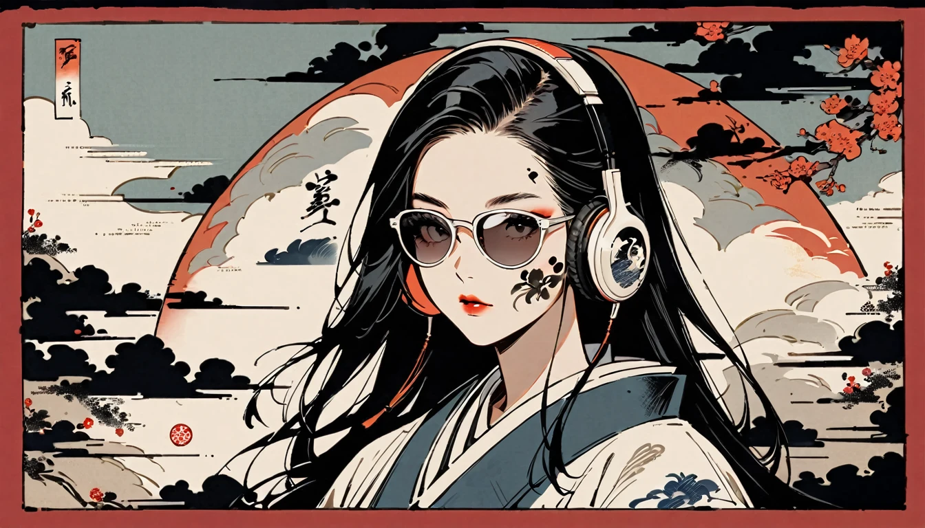 Ink Painting, (((1 girl))), (((Tattoo on face))), (((sunglasses))), Japanese style headphones, beautiful girl, Black Hair, Delicate and precise, Modern ukiyo-e style, black