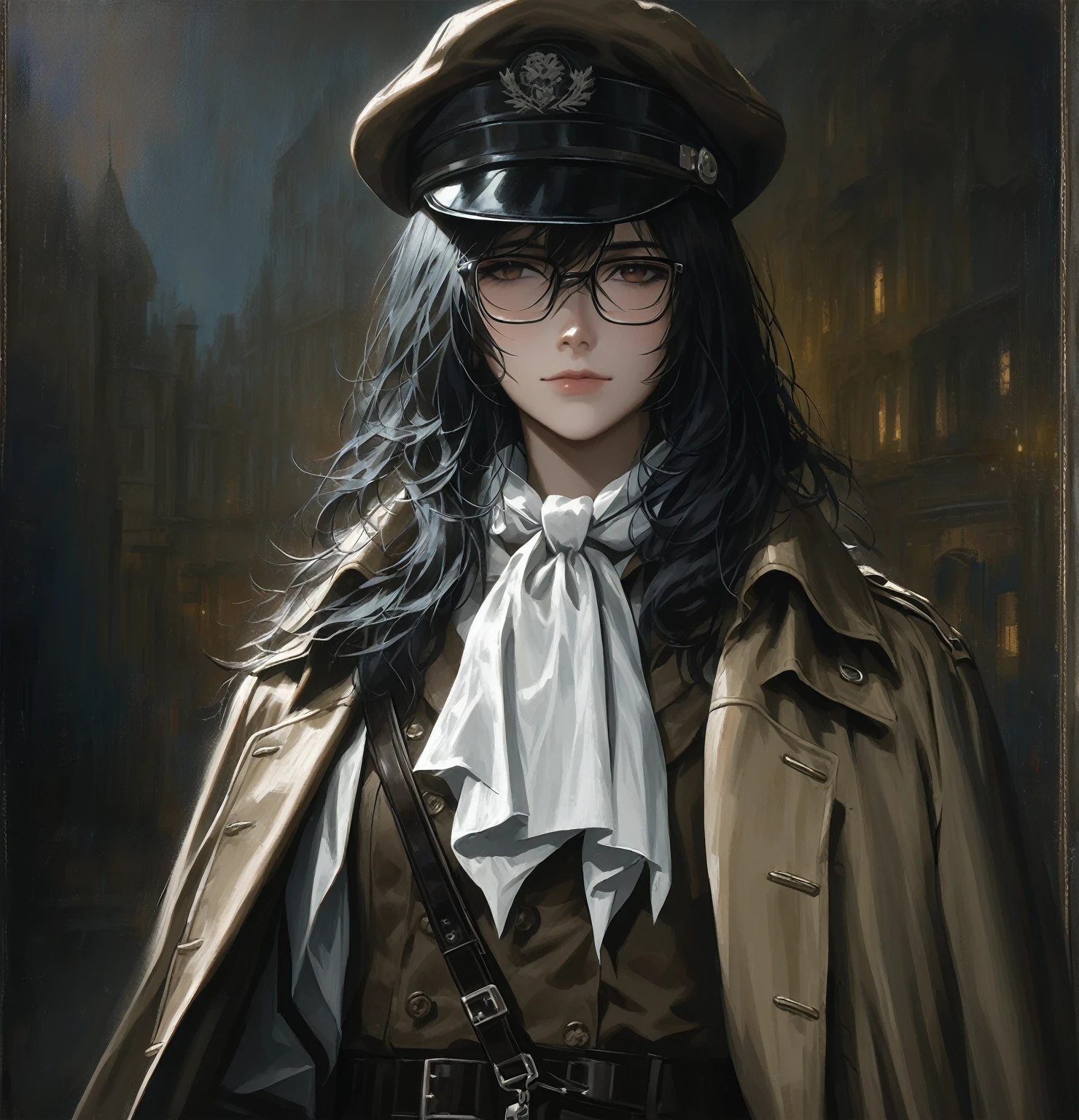 ((adult)), (woman), ((tall)), ((Ryoshu from Limbus company)) , masterpiece, best quality, dark aura, 
 short black hair, glasses, plain white shirt, brown coat, black pants, white kerchief around neck, english hat, carrying a robust leather bag, (faint smile), realistic anime style, (oil painting), dark old manor background, night, impasto.
