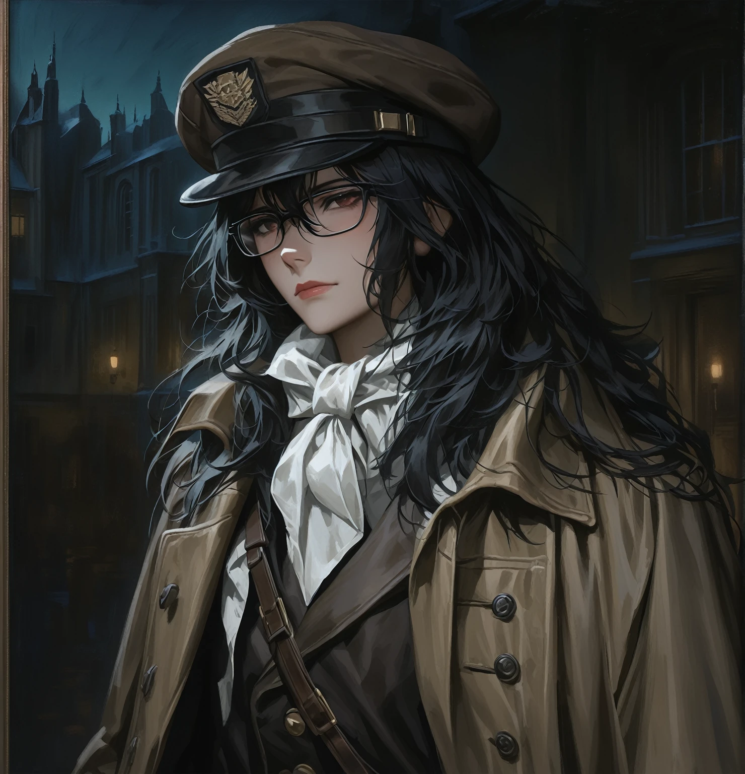 ((adult)), (woman), ((tall)), ((Ryoshu from Limbus company)) , masterpiece, best quality, dark aura, 
 short black hair, glasses, plain white shirt, brown coat, black pants, white kerchief around neck, english hat, carrying a robust leather bag, (faint smile), realistic anime style, (oil painting), dark old manor background, night, impasto.
