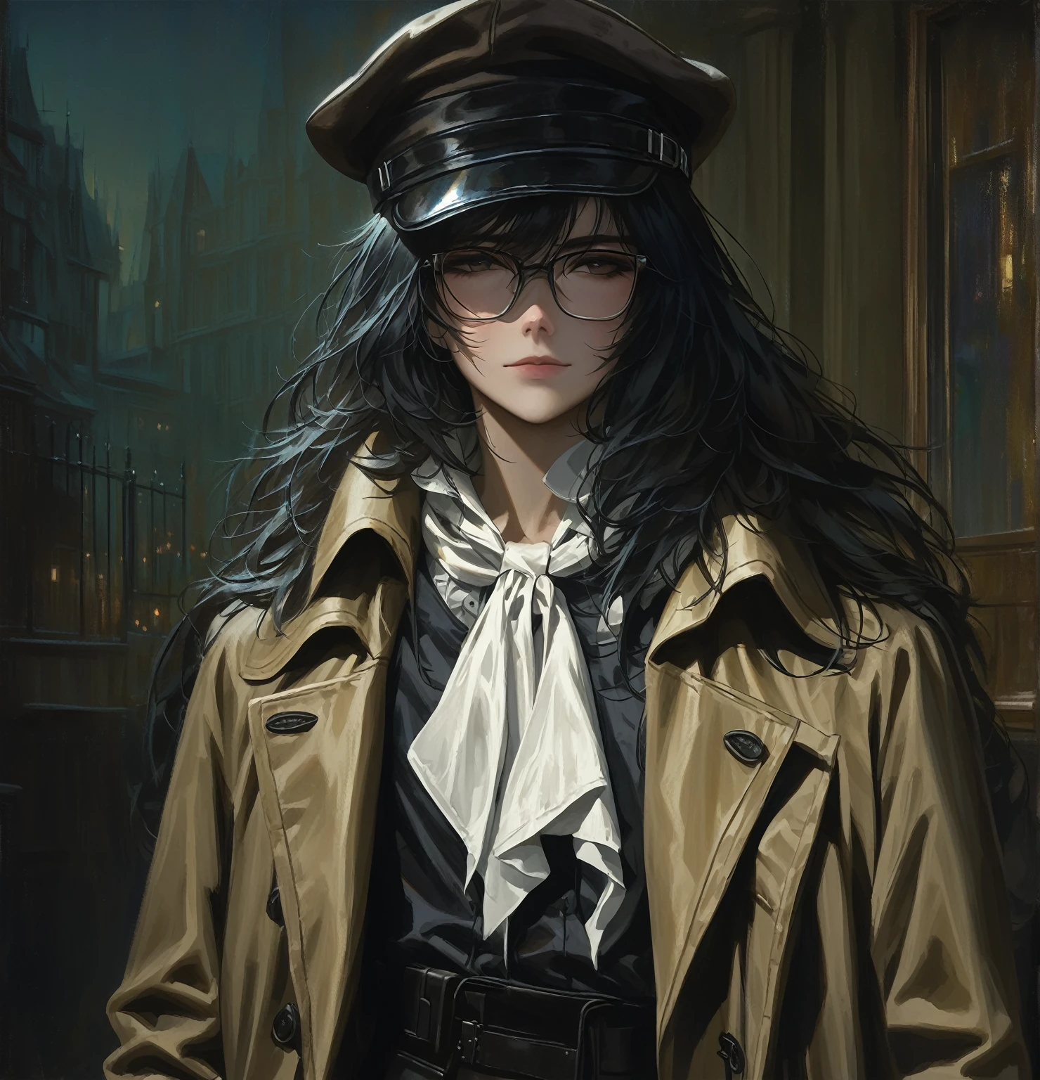 ((adult)), (woman), ((tall)), ((Ryoshu from Limbus company)) , masterpiece, best quality, dark aura,
short black hair, glasses, plain white shirt, brown coat, black pants, white kerchief around neck, english hat, carrying a robust leather bag, (faint smile), realistic anime style, (oil painting), dark old manor background, night, impasto.