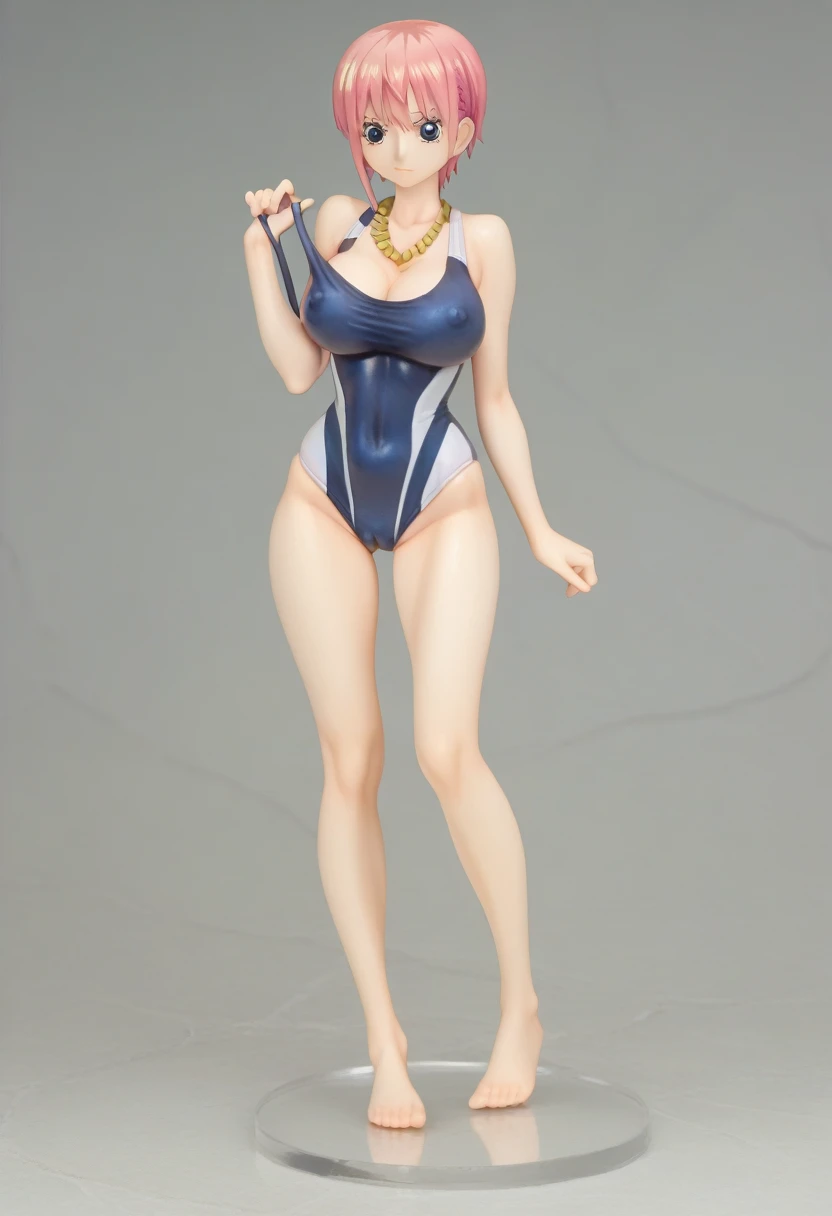 Nakano Ichika, Super Short Hair, bangs, blue eyes, Hair between the eyes, Pink Hair, , gray banded ribby one piece swimsuit with side cutout, 1girl, solo, jewelry, necklace, one-piece swimsuit, swimsuit, Swimsuit with wide open chest, head out of frame, brown hair, Wide pelvis, scrawny:1.7, Big breasts, Large breasts, Erect nipples, Vagina line, cameltoe, swimsuit, beautiful face, Full body standing, Erect nipples, Figure pedestal, Cleavage,