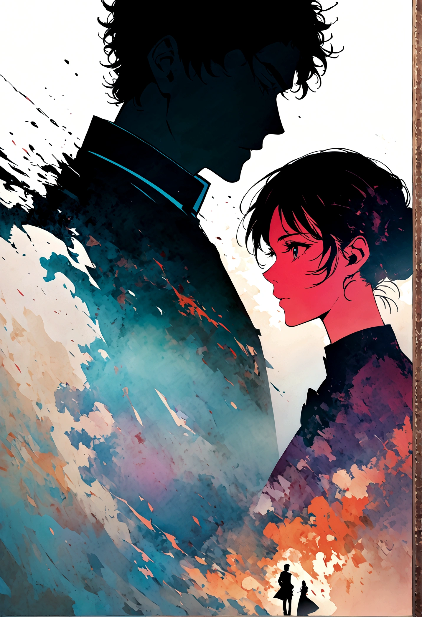 there are two people in the painting, the Hijikata Toushirou in the foreground, the transparent silhouette of Gintoki Sakata in the background, double exposure, dynamic, vector, strong use of negative space, isolate on white