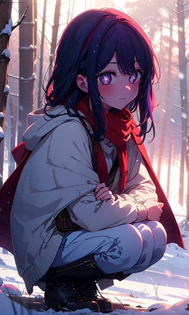 aihoshino, Ai Hoshino, Long Hair, bangs, (Purple eyes:1.1), Purple Hair, (Symbol-shaped pupil:1.5), smile,,smile,blush,White Breath,
Open your mouth,snow,Ground bonfire, Outdoor, boots, snowing, From the side, wood, suitcase, Cape, Blurred, , forest, White handbag, nature,  Squat, Mouth closed, Cape, winter, Written boundary depth, Black shoes, red Cape break looking at viewer, Upper Body, whole body, break Outdoor, forest, nature, break (masterpiece:1.2), Highest quality, High resolution, unity 8k wallpaper, (shape:0.8), (Beautiful and beautiful eyes:1.6), Highly detailed face, Perfect lighting, Extremely detailed CG, (Perfect hands, Perfect Anatomy),