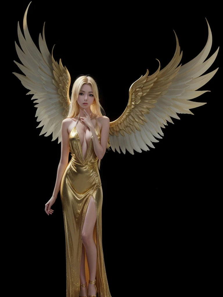 very beautiful girl, hair blonde, gold dress, golden angel wing, high-heels.