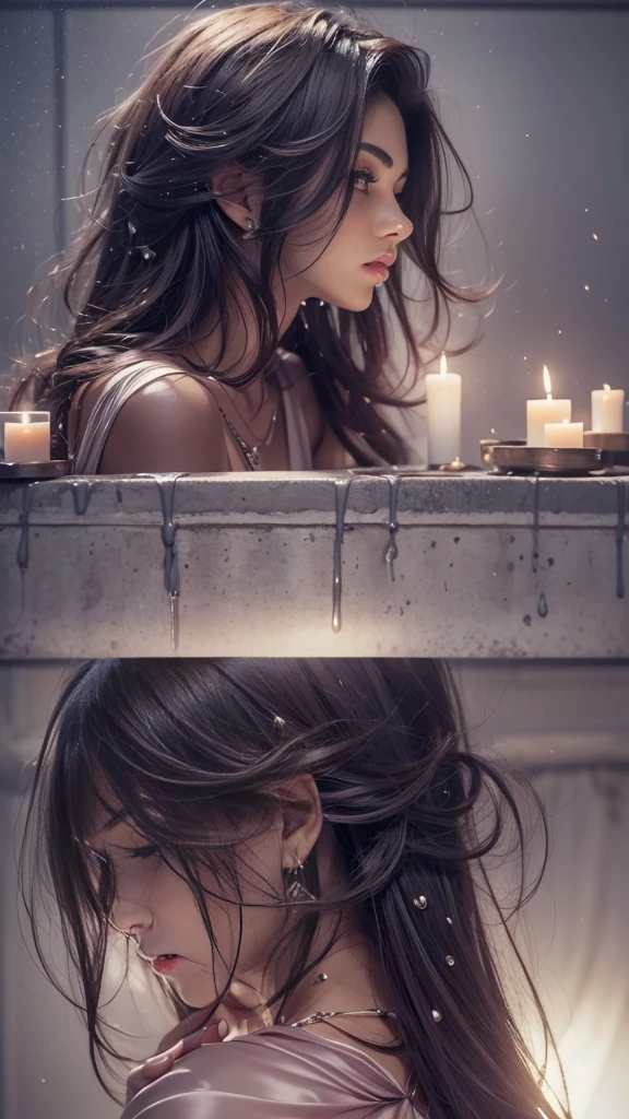 (32k:1.5, Highest quality, masterpiece, Ultra-high resolution), Professional camera work:1.6, Highly detailed skin and face textures:1.3, Captivating portrait:1.2, Very accurate, Very detailed, Adult female, ((Amazing night view from the rooftop:1.4, The moonlight at night illuminates my body)), (Satin Nightgown:0.7, Incredibly slim body), Sensual sitting position:0.6, sense of loss, sorrow, Expression of sorrow, (Big eyes that exude beautiful eroticism:0.4, Small face, A dreamy look:1.0, I love you with all my heart:0.8, Please open your mouth a little, lipstick, Feel the beautiful eroticism:0.9), (Wet dark brown medium length hair), Candles, The chest is medium, Earrings, necklace, bracelet, (romantic, mysterious), Fair skin, elegant, Object of admiration, original, dramatic, Artistic, Innovative, charm, Heartful, Fancy, sense of openness, sense of cleanliness, special, exciting, Extreme, Tilt, ((Adult charm, Feminine charm, Hair blowing in the wind)