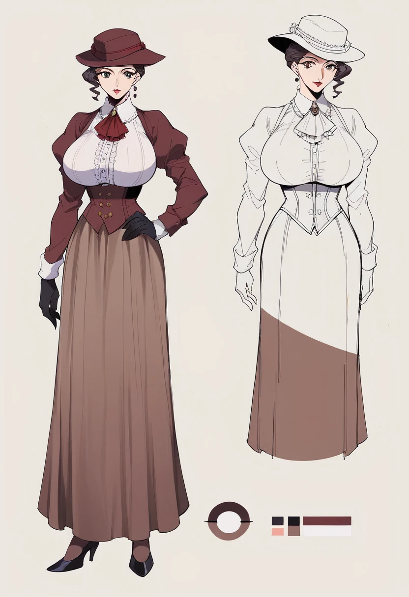 ((masterpiece)),(((Highest quality))),(Character design sheet,same characters,front,~ side,return), One girl, alone,Female detective, victorian long skirt, Checked shawl, Detective hat, Intelligent Eyes,Retro art style,masterpiece,Highest quality,Highest quality,Very high  , Concept Art, character Concept Art, Character sketch, Reference Sheet, Character Sheet, ( returnground, white returnground: 1.3).(big breasts:1.5),