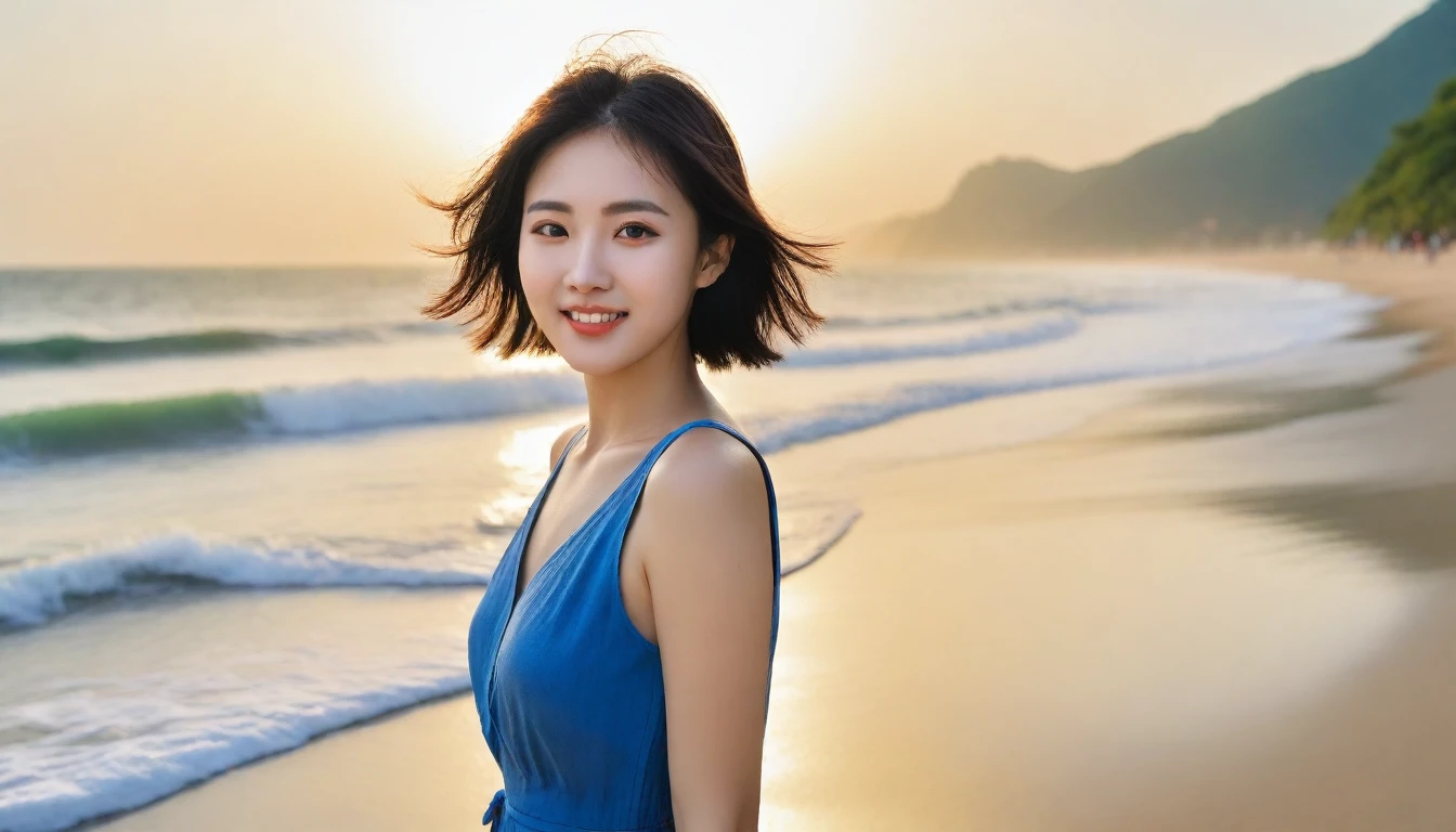 Beautiful Korean Woman, Chest size 34 inches, Wear sleeveless, light skirts, Looking at the sea from the beach at sunset. beautiful pretty woman look , wearing a light skirt , Go far into the sea water and soak your feet, wet, dark blue sky, bright sun light at midday, Short medium hair blowing in the wind, 1 woman, beautiful eyes, A slight smile, Beach with waves in Danang, Vietnam, palm trees visible, Taken from afar with a wide angle lens, best high definition, Detailed and perfect facial expressions