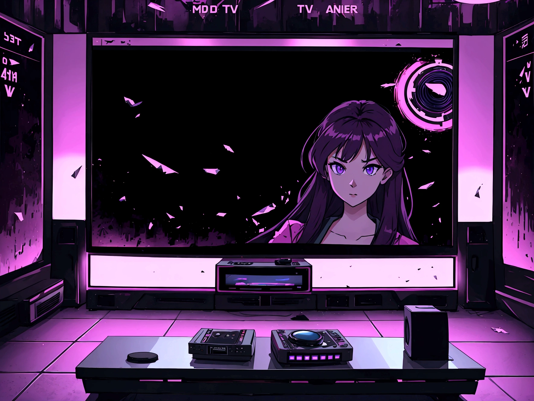there is a television with a purple screen in a room, game overlay, VHS overlay, tv frame still, vhs static overlay, computer screen image, body line, television contraction, videogame, vhsrip, television screenshot, 2k, 2k, meme template, TV frame, video game background, loading screen”, loading screen, test screen, solid track record