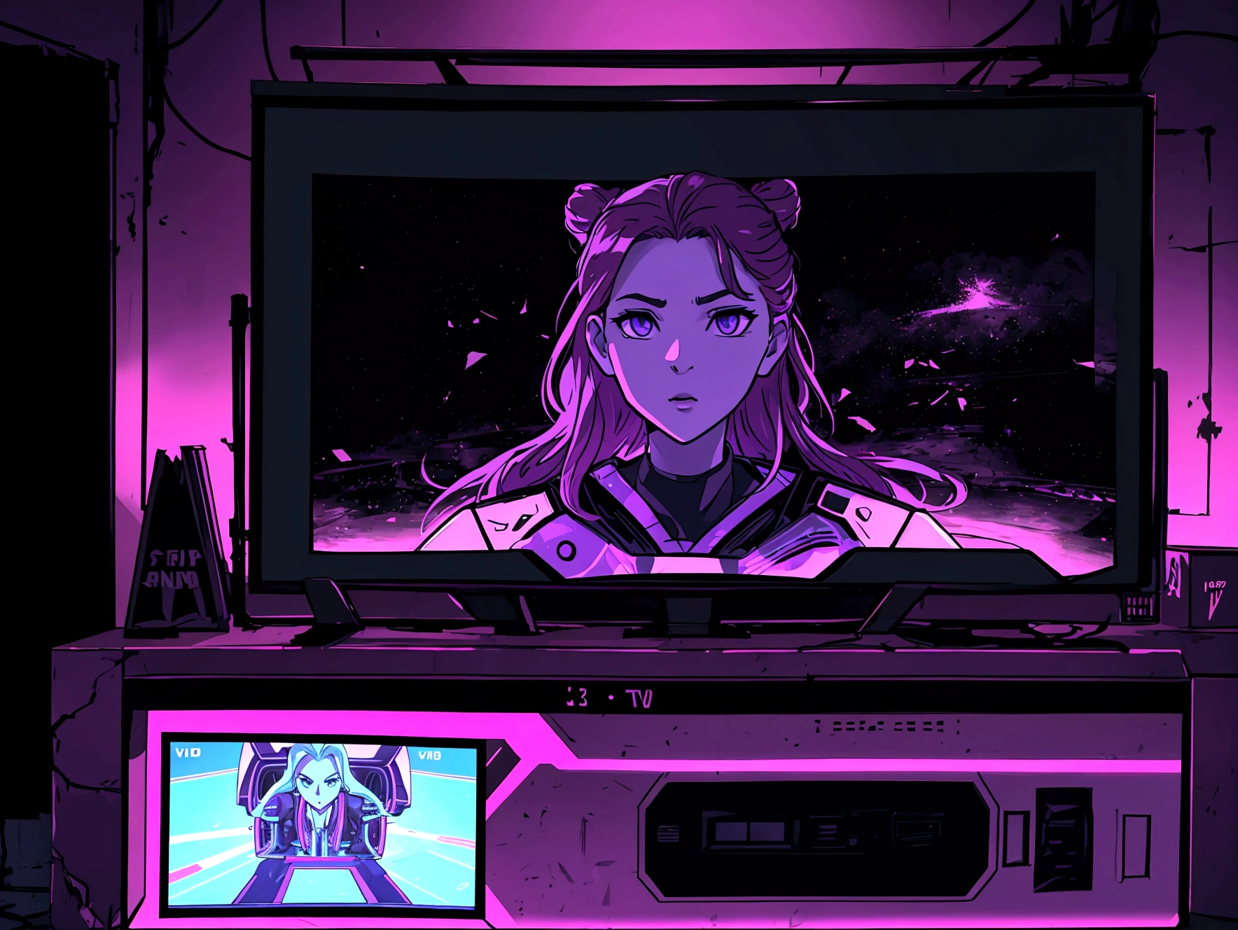 there is a television with a purple screen in a room, game overlay, VHS overlay, tv frame still, vhs static overlay, computer screen image, body line, television contraction, videogame, vhsrip, television screenshot, 2k, 2k, meme template, TV frame, video game background, loading screen”, loading screen, test screen, solid track record