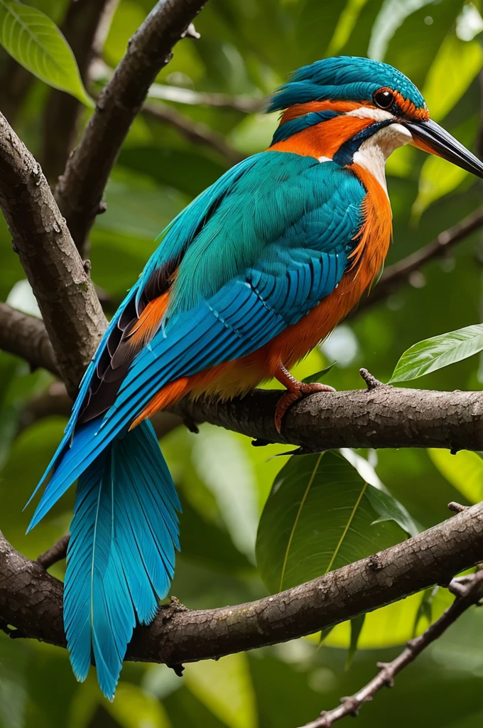 Create an animation of a vibrant, detailed kingfisher bird with rich orange and blue plumage perched on a tree branch, surrounded by lush green leaves, with subtle movements in the leaves suggesting a gentle breeze