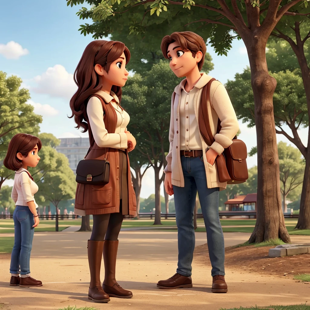 A woman looking at a man and a woman talking in the park