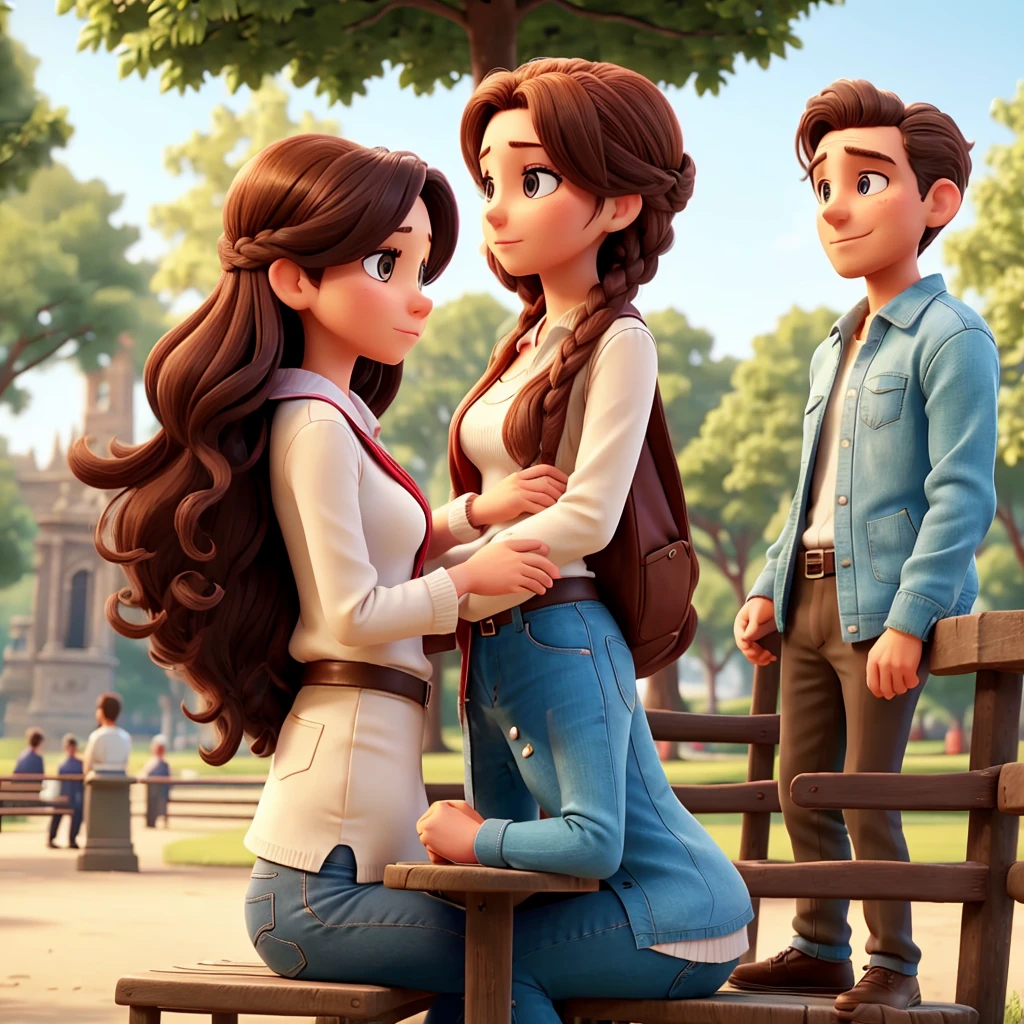A woman looking at a man and a woman talking in the park