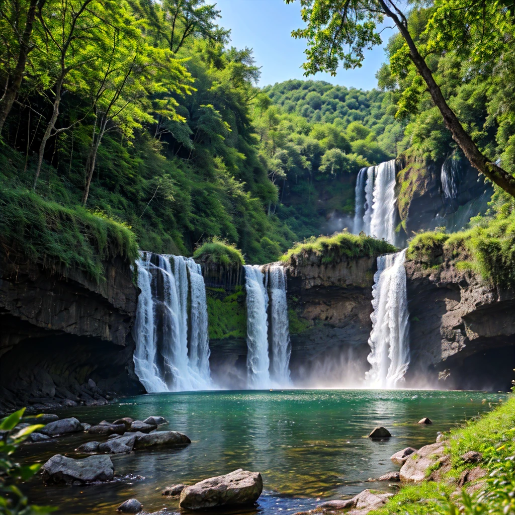 Capture a breathtaking 4k image of a serene waterfall cascading through lush green trees, with colorful birds gracefully flying overhead against a clear blue sky." This scene promises to be both tranquil and visually captivating, perfect for showcasing nature's beauty.


