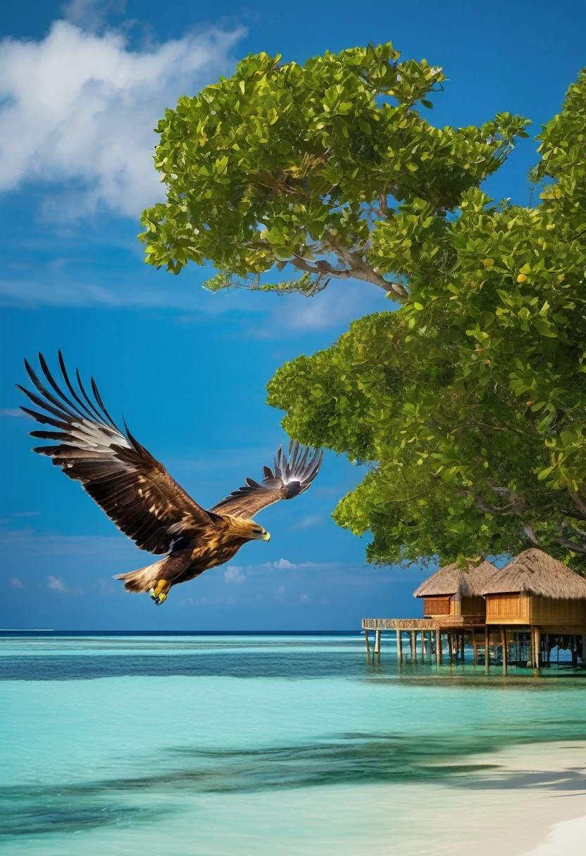 "Create an image of a majestic golden eagle flying over the crystal clear ocean waters of the Maldives Islands, with the iconic stilt houses and lush vegetation in the background. The sky is blue, with few clouds, and the sunlight reflects on the gentle waves."